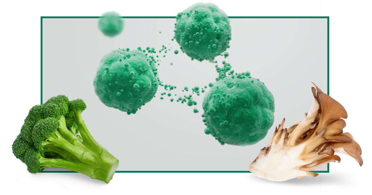 natural killer cells with broccoli floret and maitake mushroom